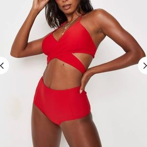 Missguided red high waisted bikini bottoms